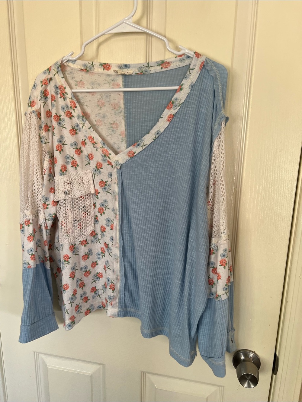 POL Floral Colorblock Crochet Lace Boho Top Blue M - Picture 7 of 12